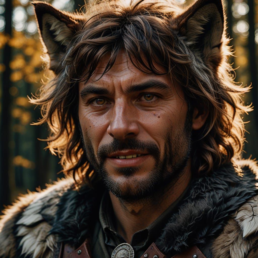 Hyperrealistic Wolf-Man Portrait in Golden Hour Lighting