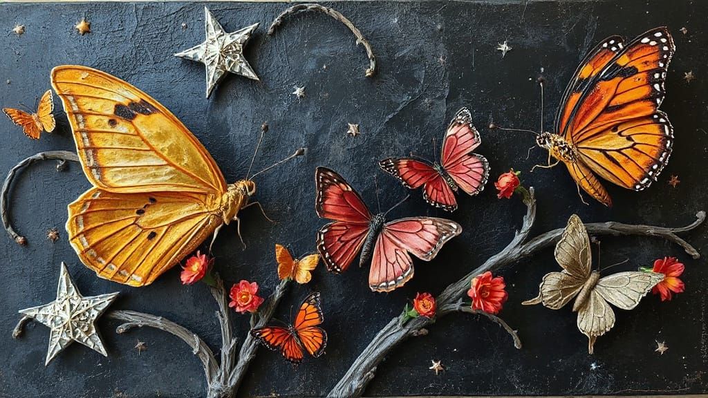 Surreal Butterflies on Starry Background in Mixed Media
