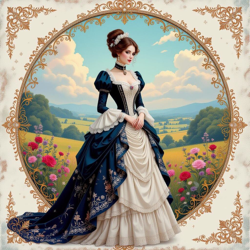Victorian Woman in Whimsical Landscape, Mixed Media Art
