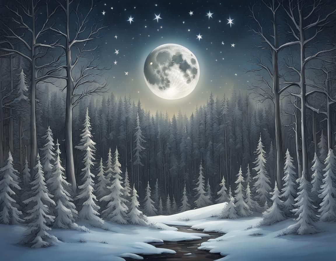 Winter Solstice Over Forest with Jeweled Stars