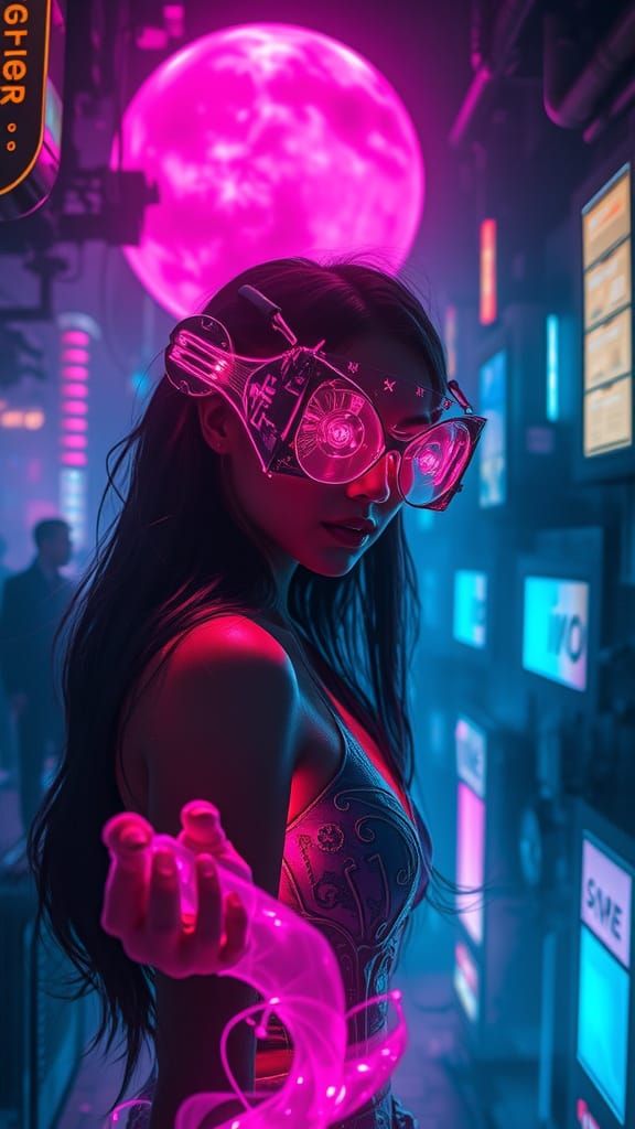 Cyberpunk Goddess Among Neon Skyscrapers