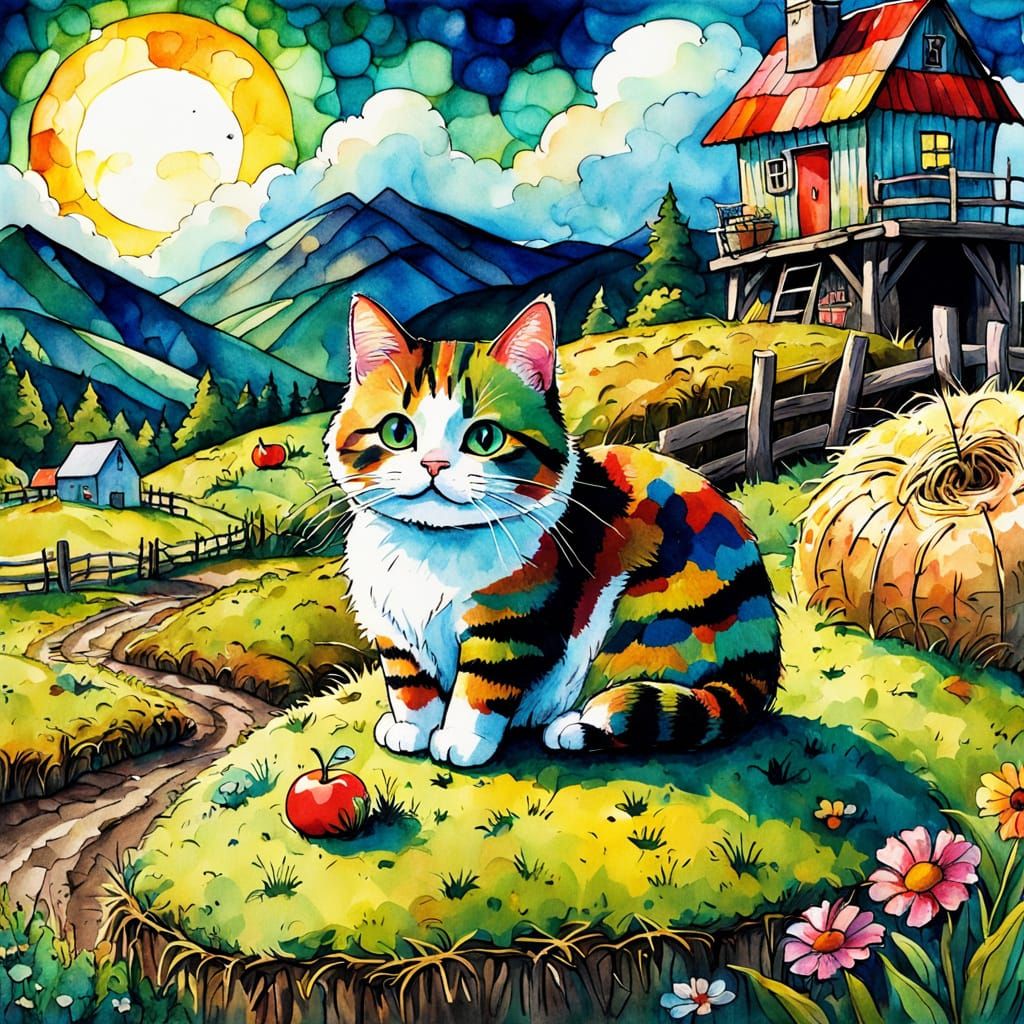 Whimsical Farmstand Alcohol Ink Drawing with Cat