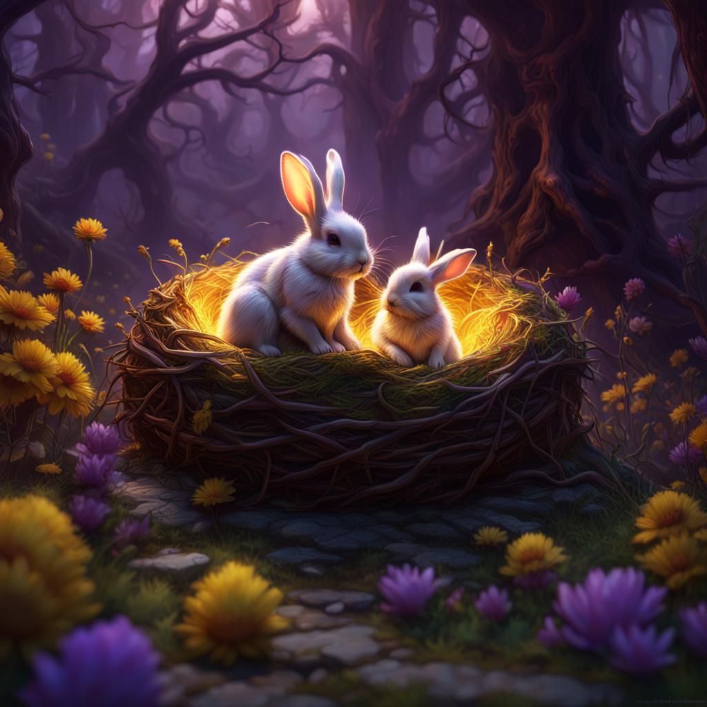 Rabbits Nest with Bunnies: Dark Fantasy Concept Art