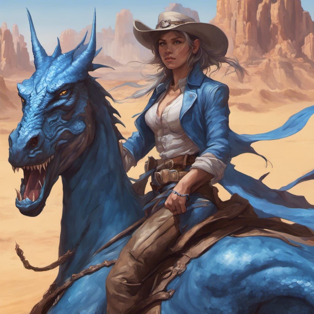 Cowgirl on Blue Dragon Fighting Desert Worm