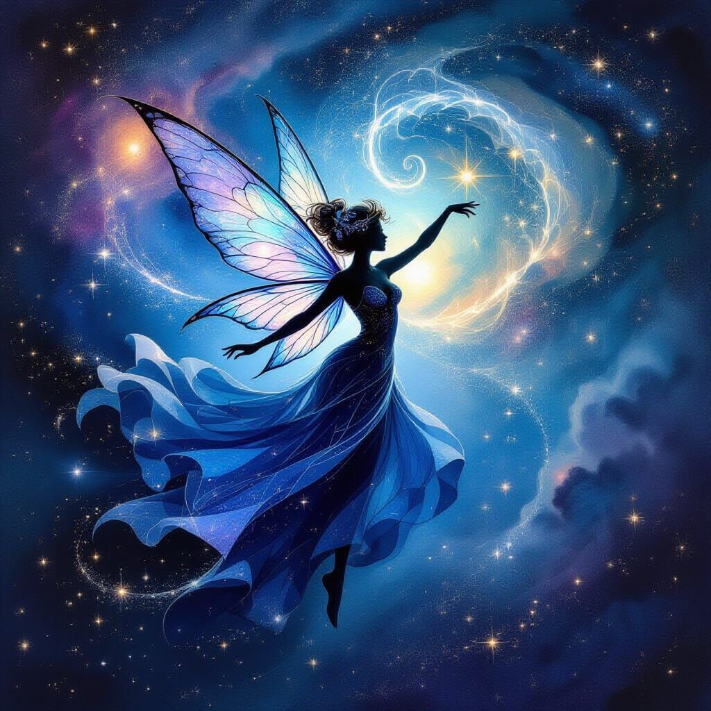 Stardust Fairy's Cosmic Dance: Charcoal Drawing