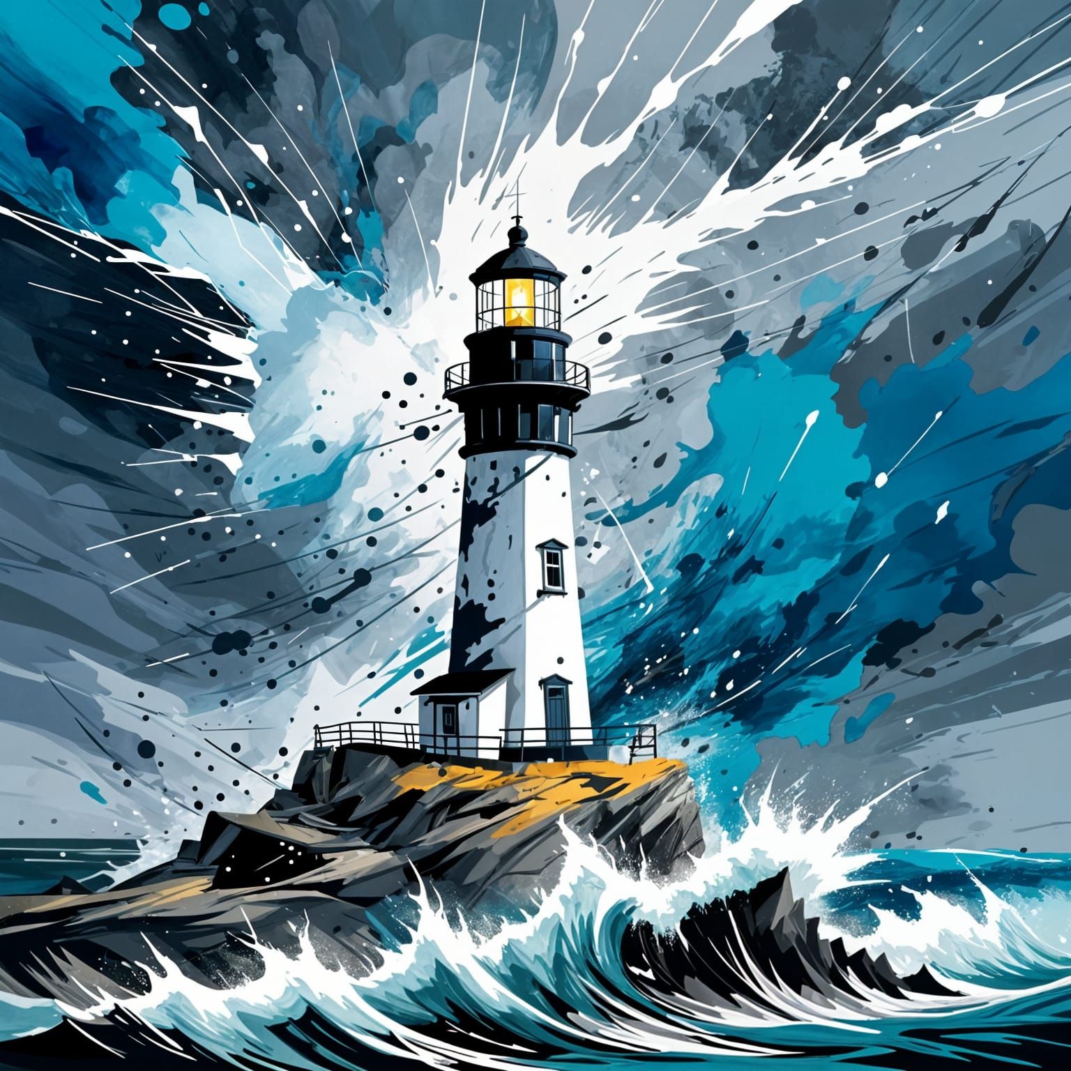 Stormy Sea Lighthouse in Expressive Ink Splatter Art