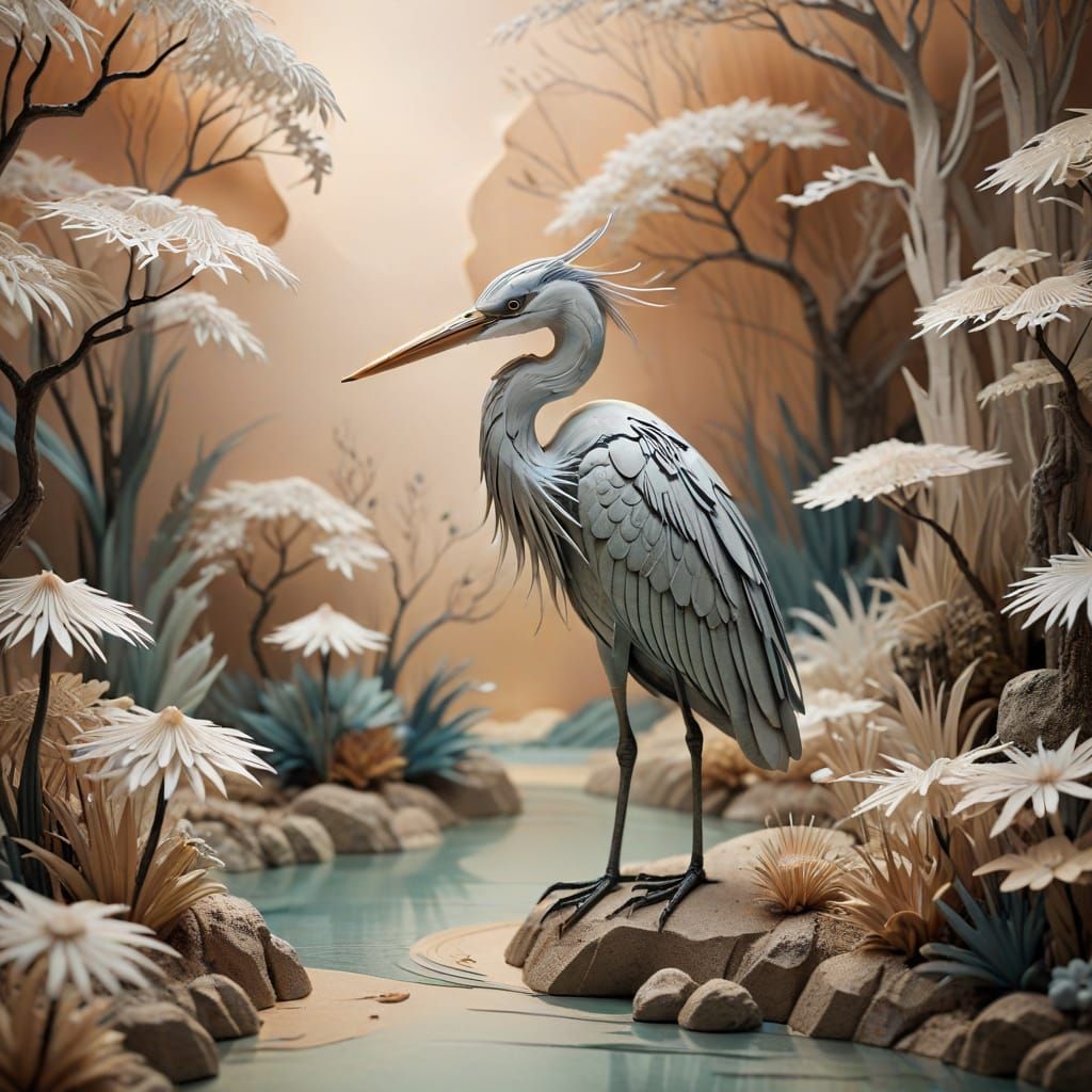 Heron in Paper Zen Garden, Surreal Paper Art