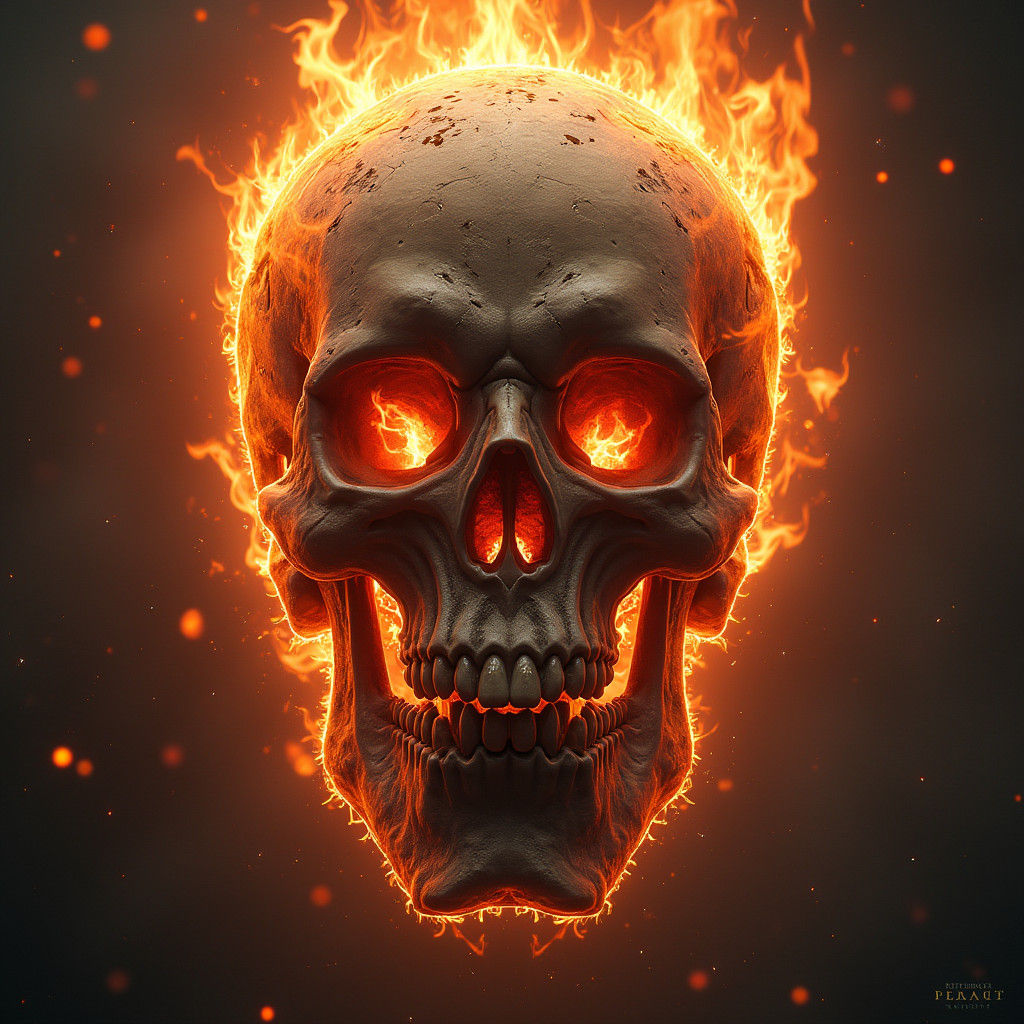Flaming Skull with Mystical Carvings