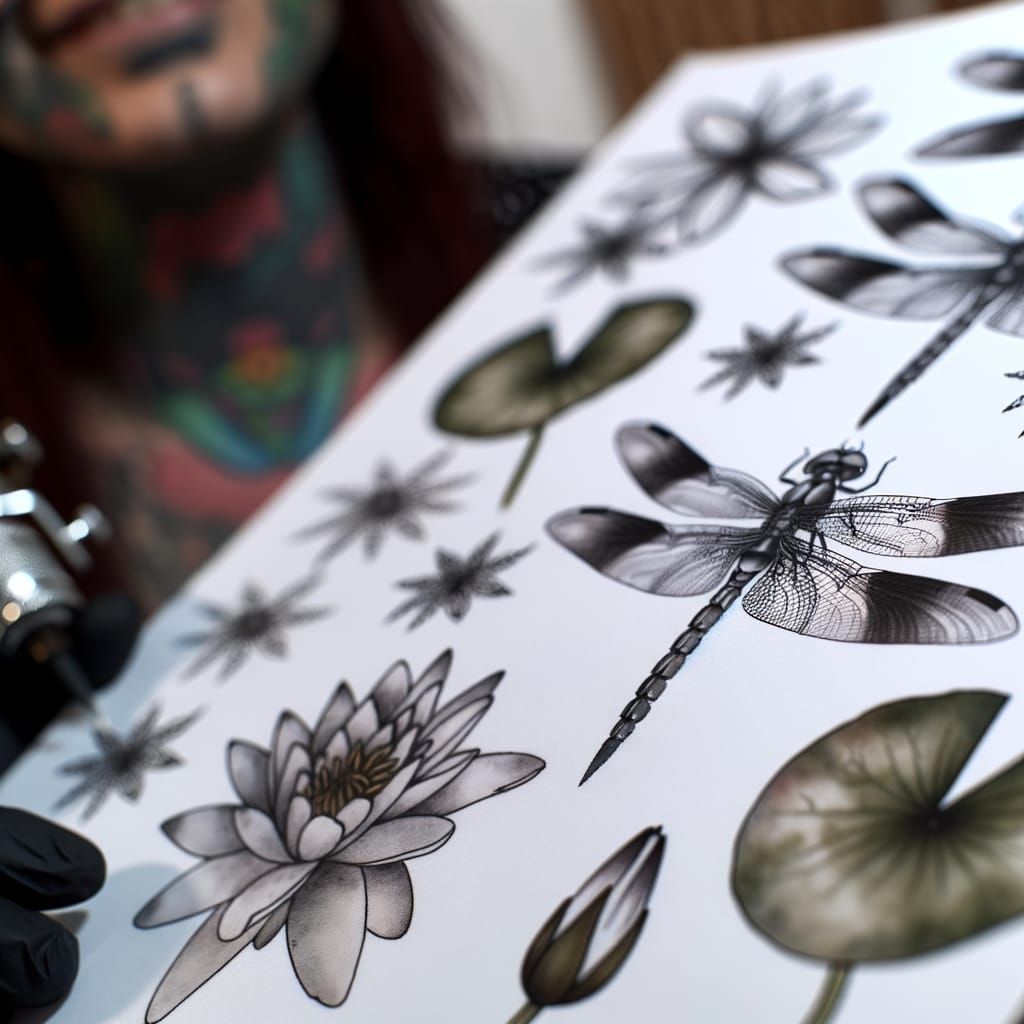 Dragonfly Flash Tattoo Sheet with Watercolor Botanical Desig...