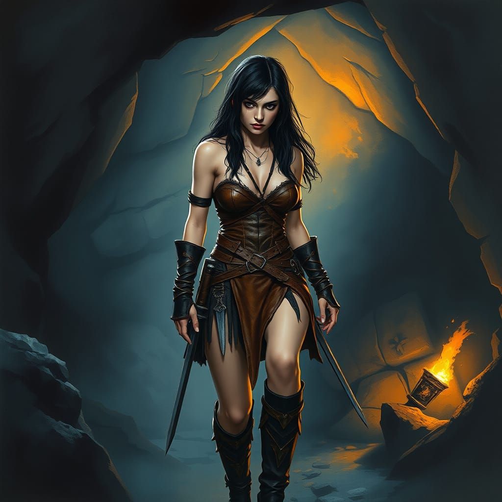 Stealthy Adventurer in Dark Cave