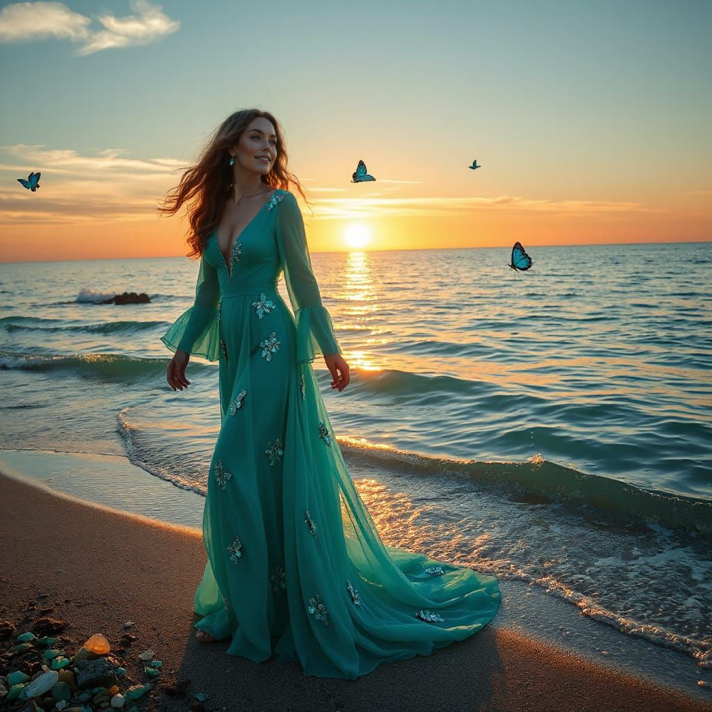 Ethereal Woman in Turquoise Gown by the Sea