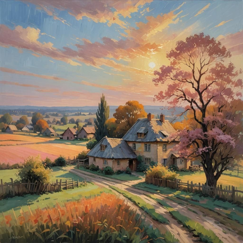 Impressionist Farmstead Under a Golden Sky