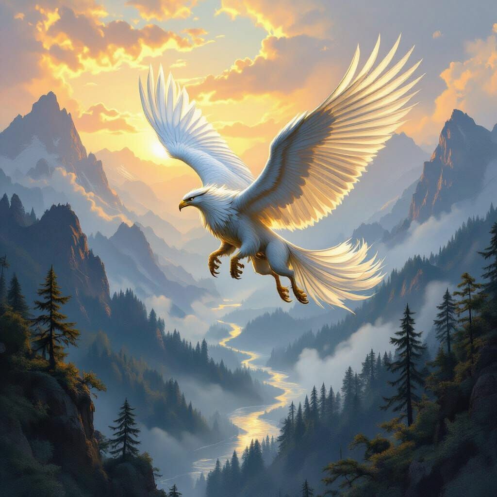 Griffin Soaring Over Misty Mountains at Dawn