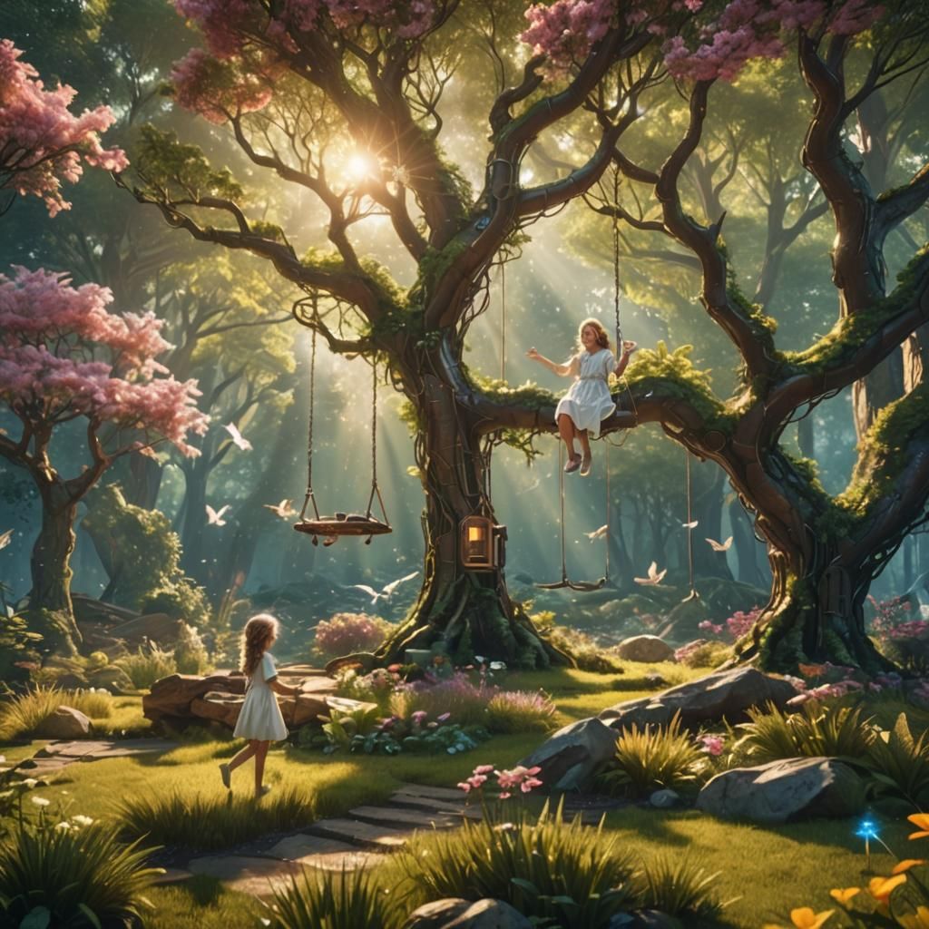 Angelic Girl on Swing in Futuristic Forest Home