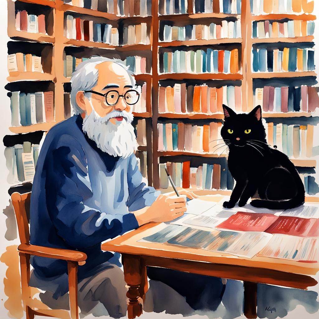 Japanese Bookstore Scene in Gouache Style