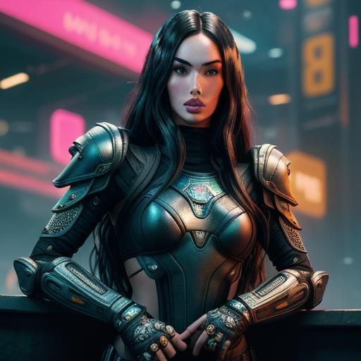 Armored Woman in Cyberpunk Neonscape