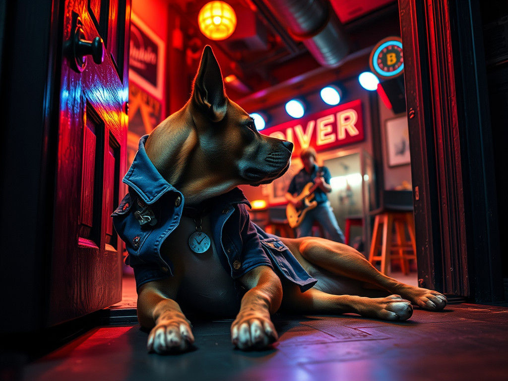 Denim Punk Dog at Dive Bar Entrance