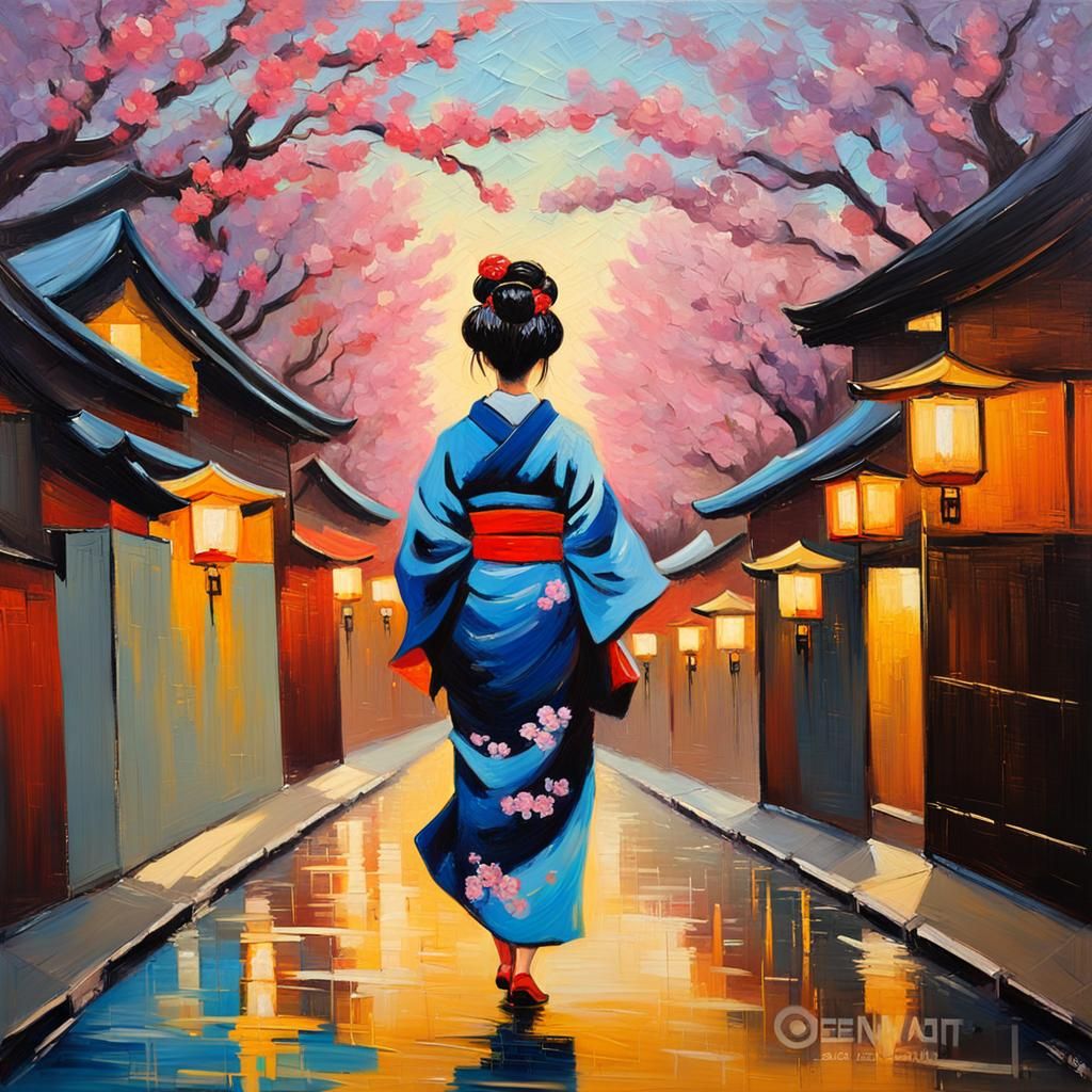 Geisha Walks Kyoto Street in Expressionist Oil Painting
