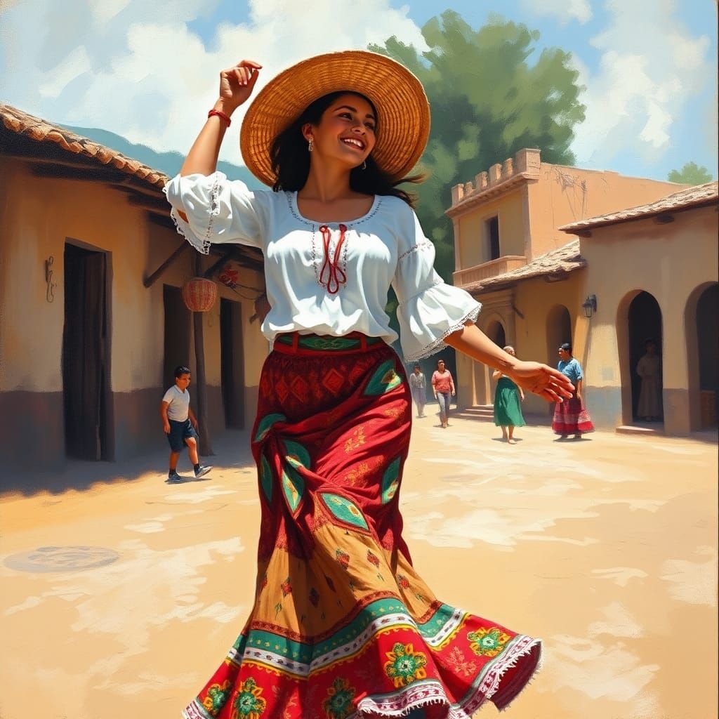Mexican Dancer in Village Square, Impressionistic Style