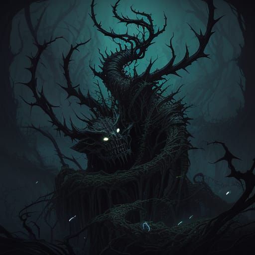 Surreal Dark Fantasy Floraceptor Emerges from Thorny Shadows