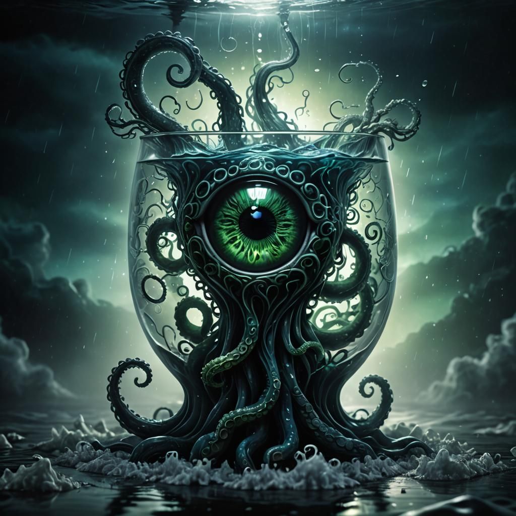 Dark Fantasy Glass 'A' with Tentacle in Fog