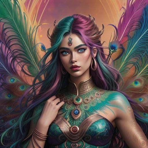 Rainbow Goddess with Peacock Feathers, in Comic Book Style
