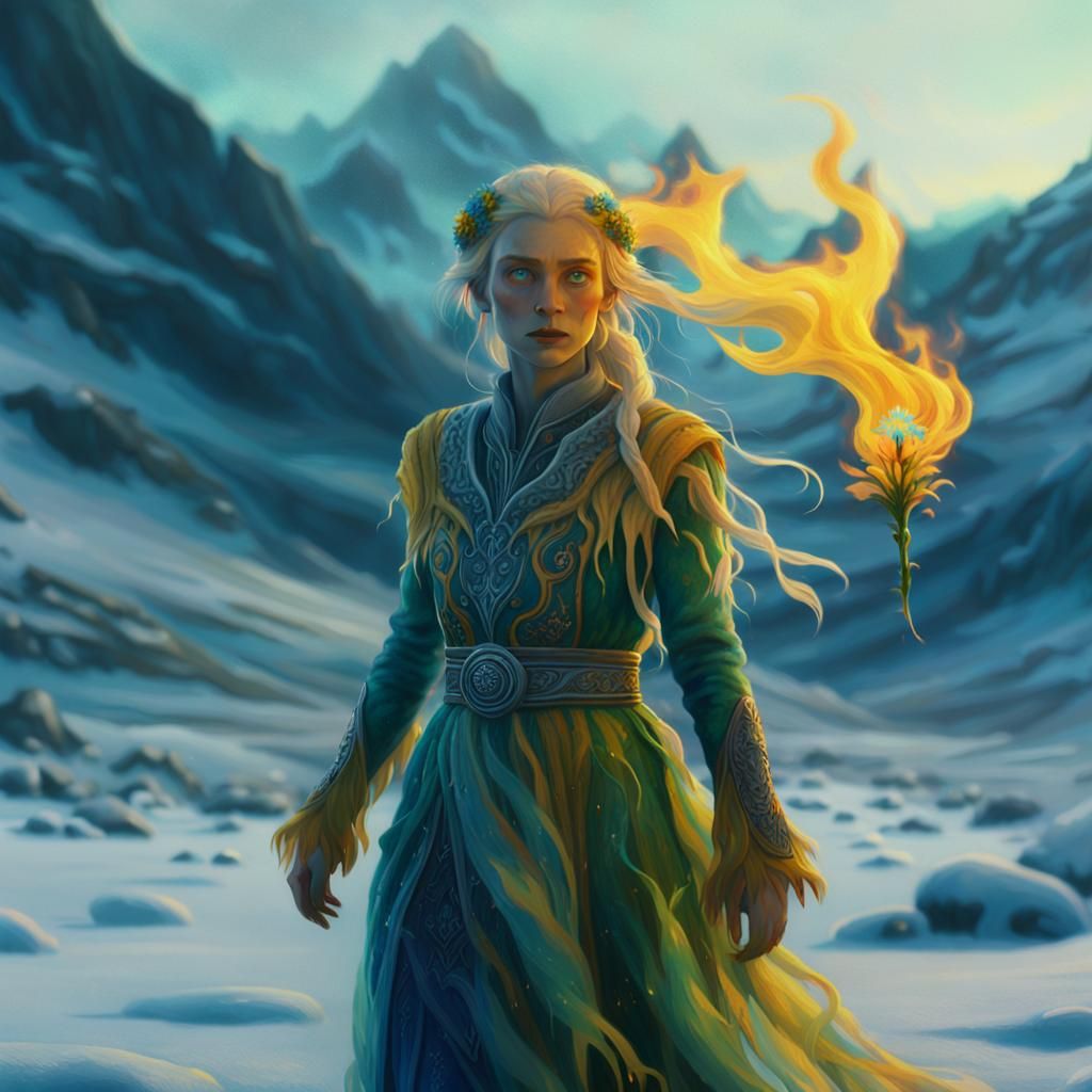 Flame Maiden in Frozen Tundra Oil Painting