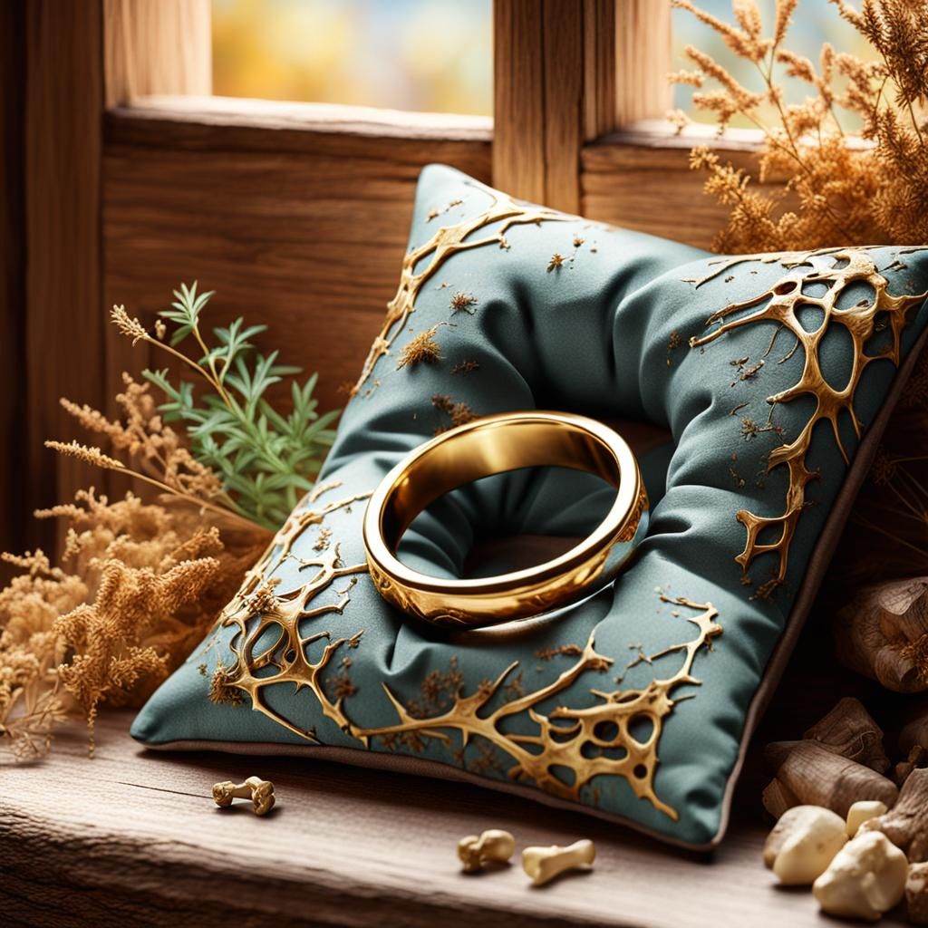 Golden Ring on Cushion with Herbs, Airbrush Art