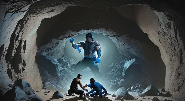 Muscular Man Dominates Worker: Sci-Fantasy Mine Cave Scene