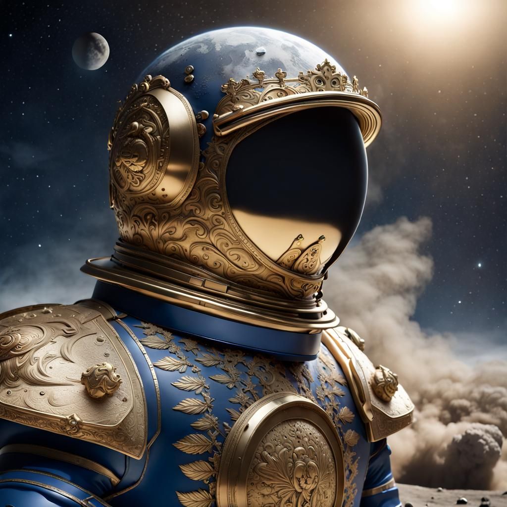 French Astronaut King on the Moon in Gold Armor