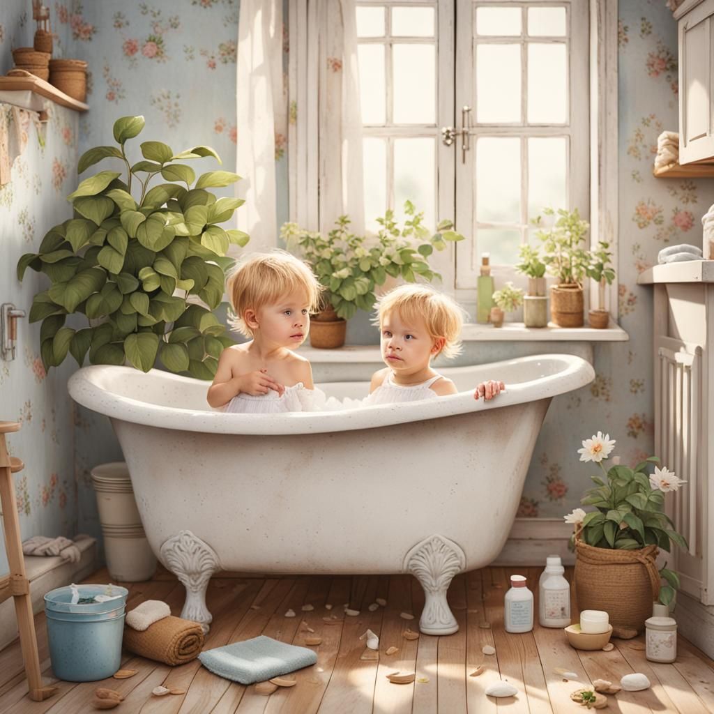 Blond Siblings: Bath Time in Shabby Apartment