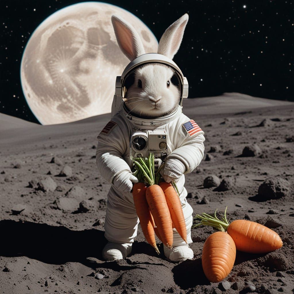 Cute Bunny Astronaut Plants Carrots on the Moon
