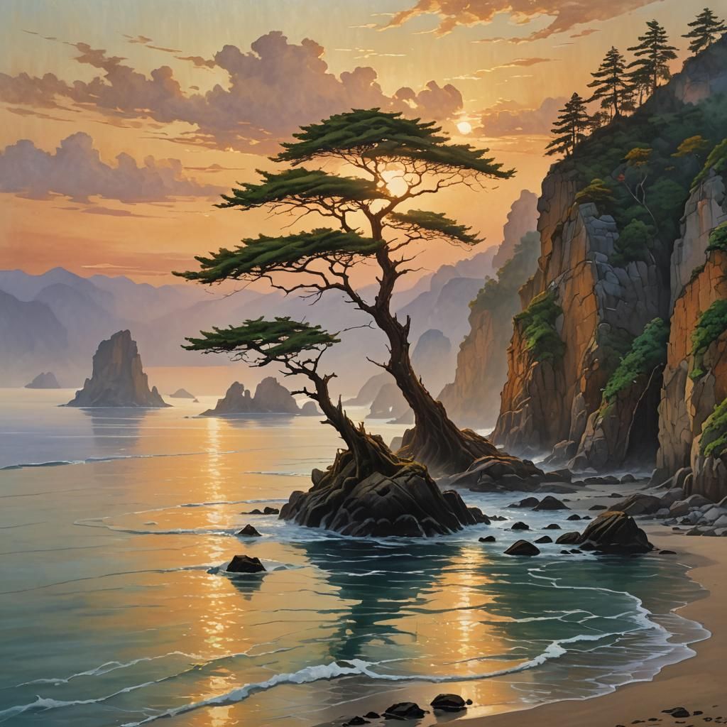 Ocean Sunset with Cliffs in Ethereal Style