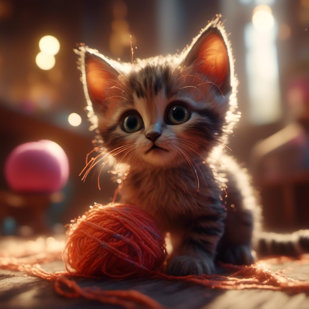 Cute Kitten Playing with Yarn: Hyperrealistic Concept Art
