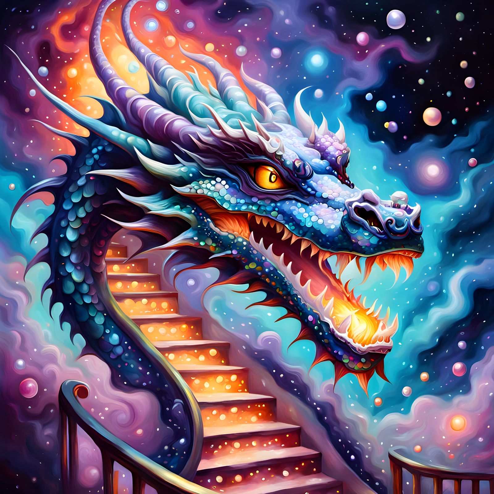Iridescent Dragon Laughing in a Nebula