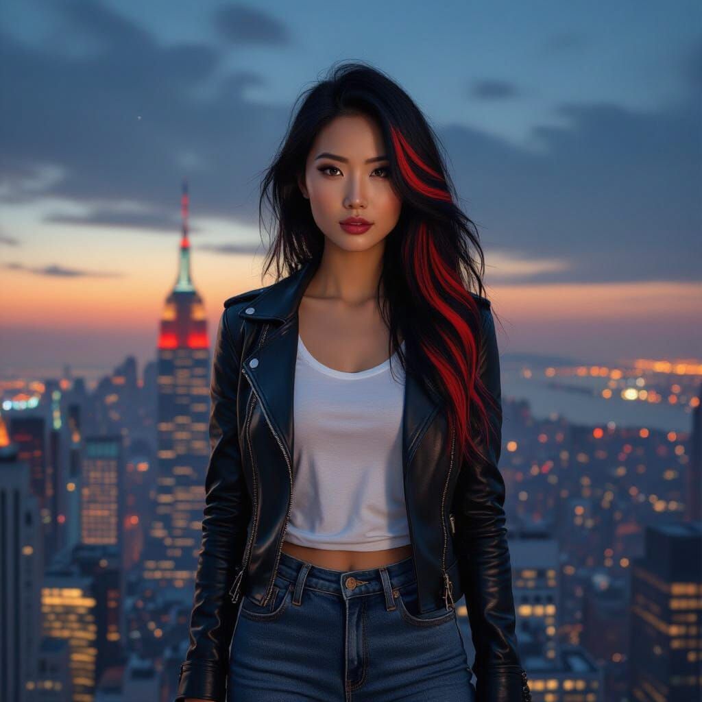 Asian Woman with Red Tiger Stripes on Empire State Building