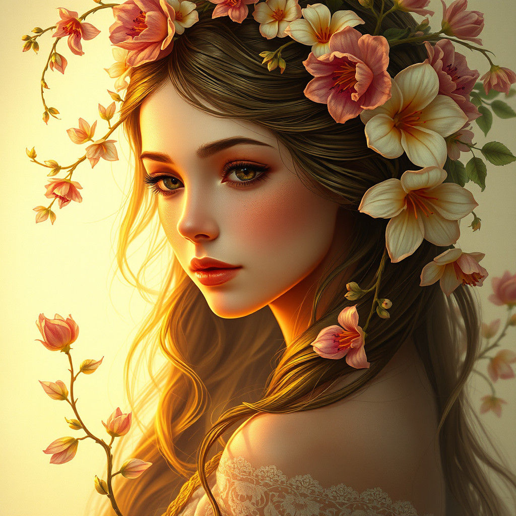 Enchanting Flower Girl Portrait in Art Nouveau Style