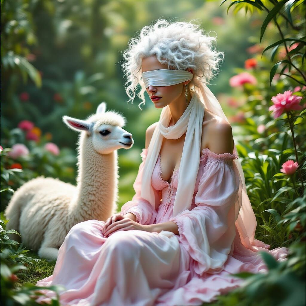 Serene Meditation with Llama in Lush Garden