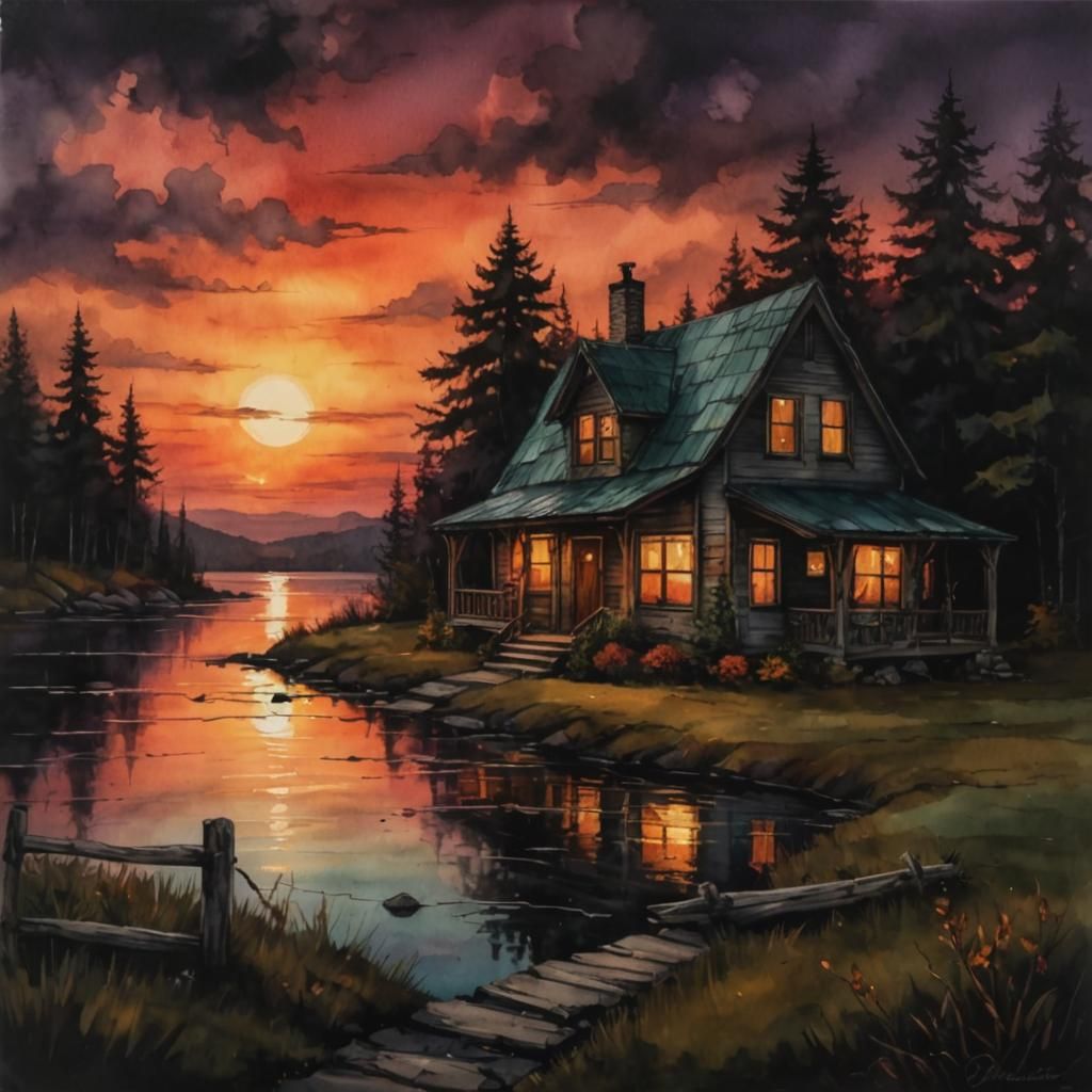 Cottagecore Sunset in Cool Autumn Alcohol Ink