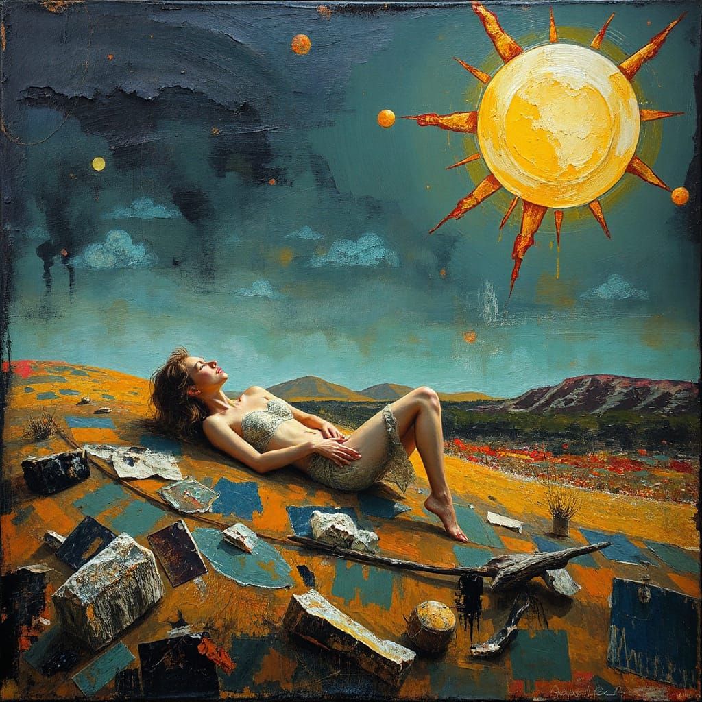Woman Sunbathing in Surreal Landscape as Impasto Painting