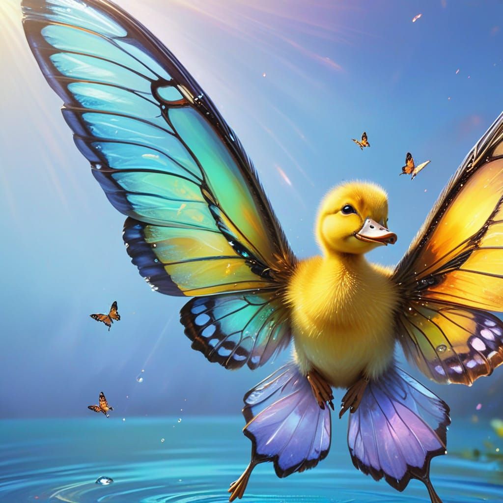 Duckling with Butterfly Wings in Oil Painting Style