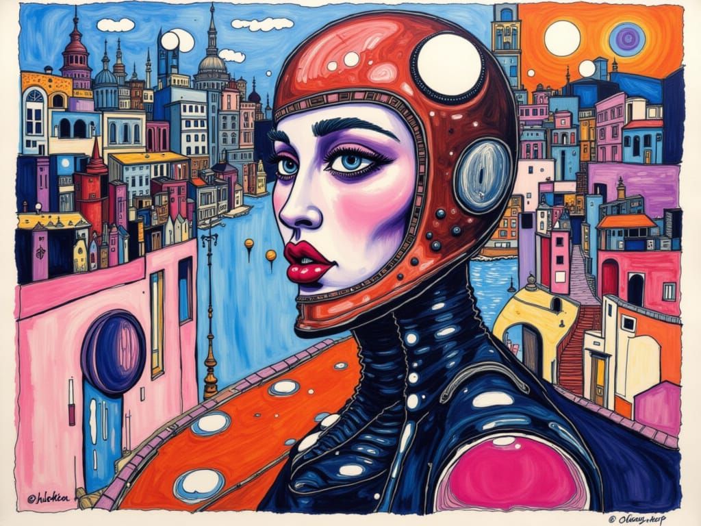 Surreal Speed: Woman in Leather Racing Suit on Motorcycle