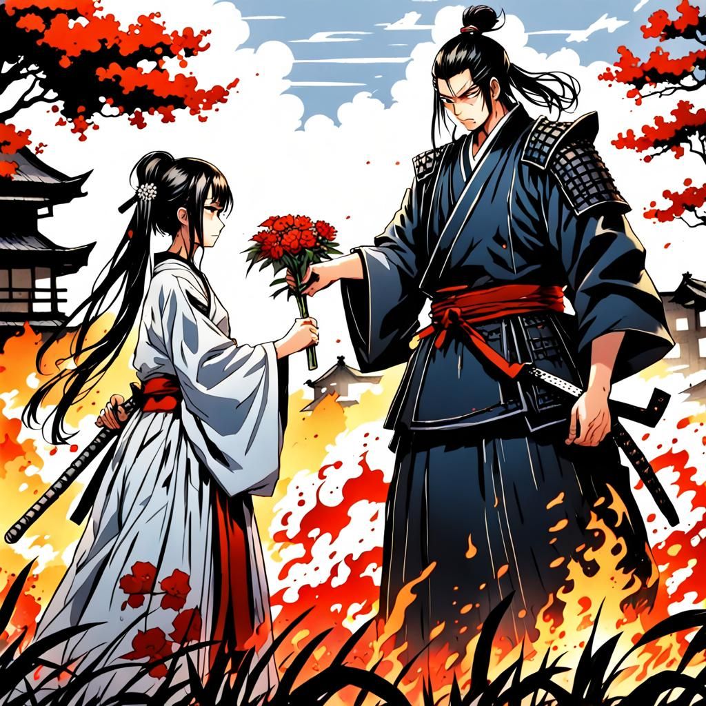 Samurai Receives Flower of Peace in Burning Village