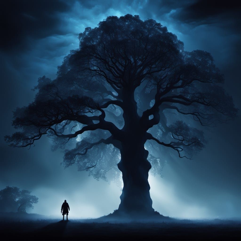 Giant Tree Casts Shadow in Dark Fantasy Style