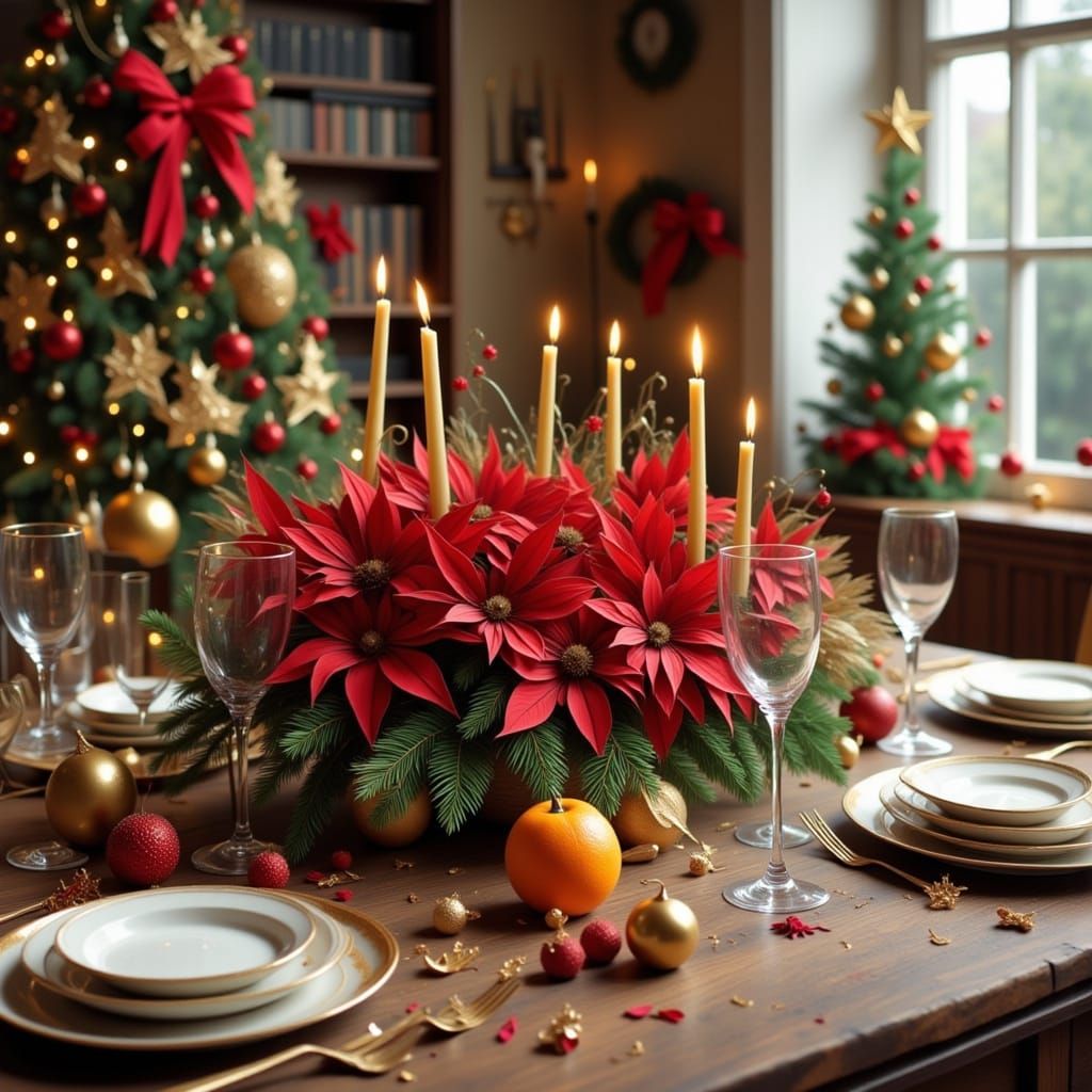 Festive Christmas Table Centrepiece with Poinsettia and Citr...