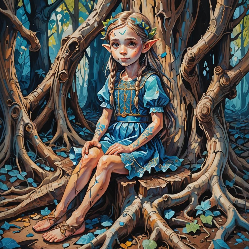 Elf Girl on Root Throne: Vibrant Oil Gouache Portrait