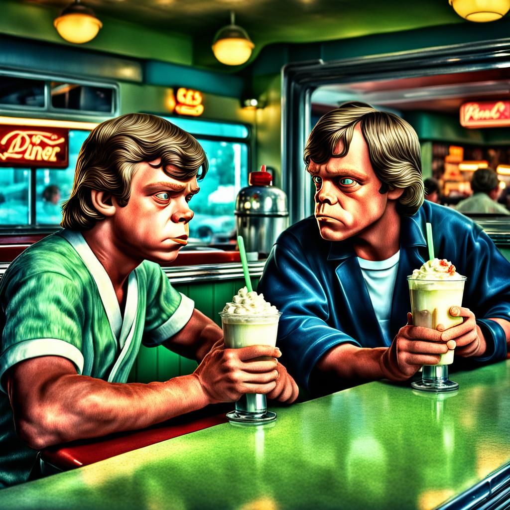 Yoda and Luke Skywalker at a 50s diner drinking milkshakes