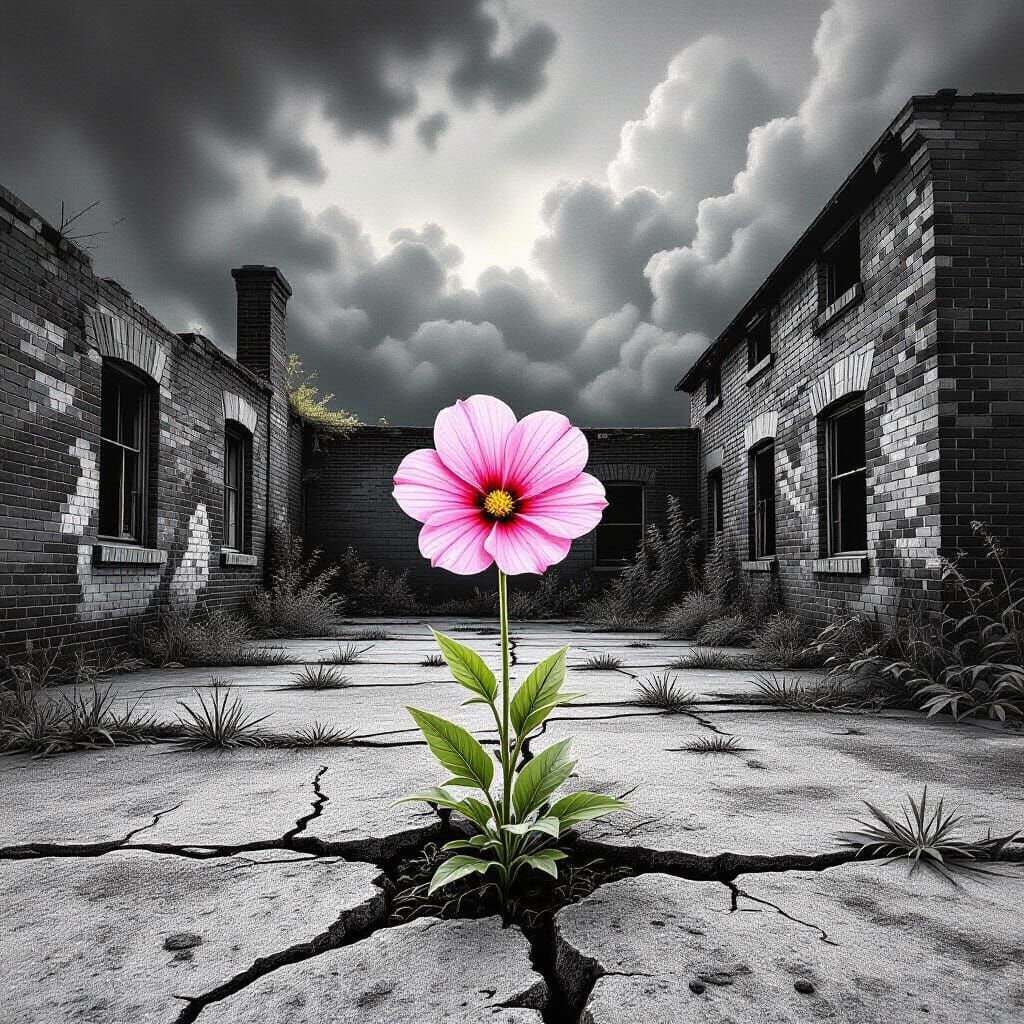 Lone Pink Flower Amid Decay in Charcoal Drawing Style