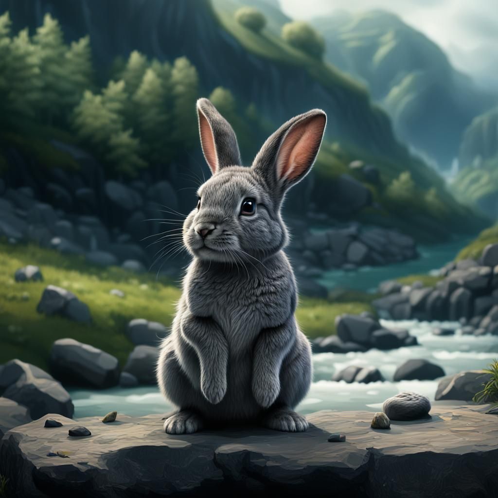Grey Bunny Washing Ears by River