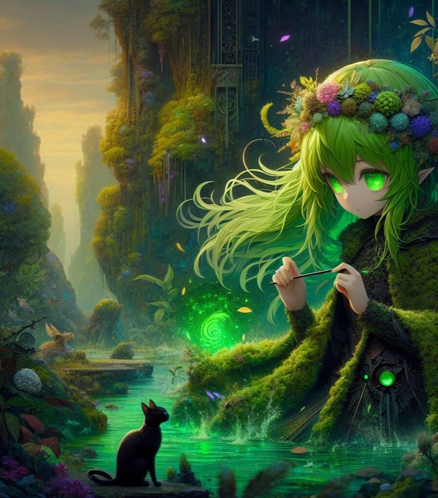 Anime Druid Girl and Black Cat in Matte Painting